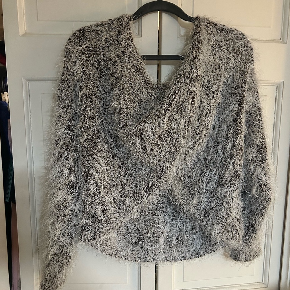 SHEIN Fuzzy Brown and White V-Neck Sweater